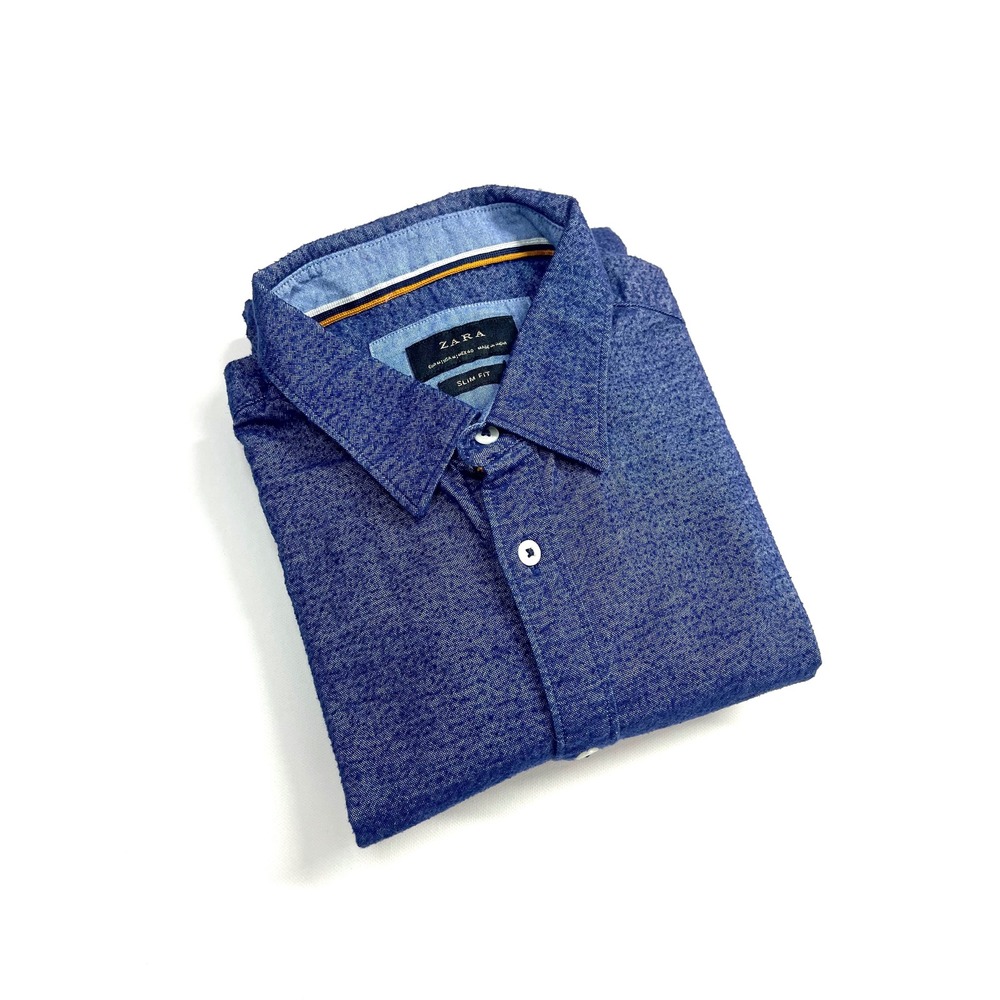 Zara Man Slim Fit Blue Micro Pattern Long Sleeve Button Down Dress Shirt Medium
